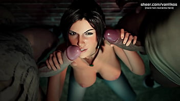 Big Tits Tomb Raider Lara Croft Babe Sucks A Big Black Cock And A Big White Cock Hot Interracial Double Blowjob Croft Adventures 3D Animated Hentai Game Part 3